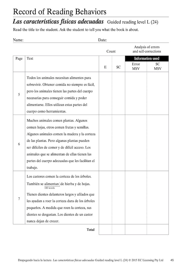 Las características físicas adecuadas Reading Record